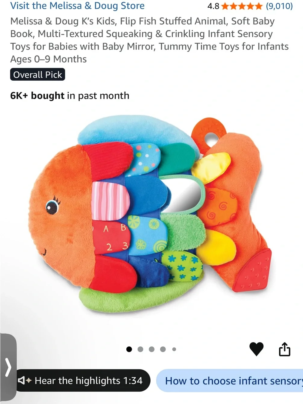 Melissa & Doug Multi-Textured Flip Fish sensory Baby Toy Orange Multi 0-9m GUC